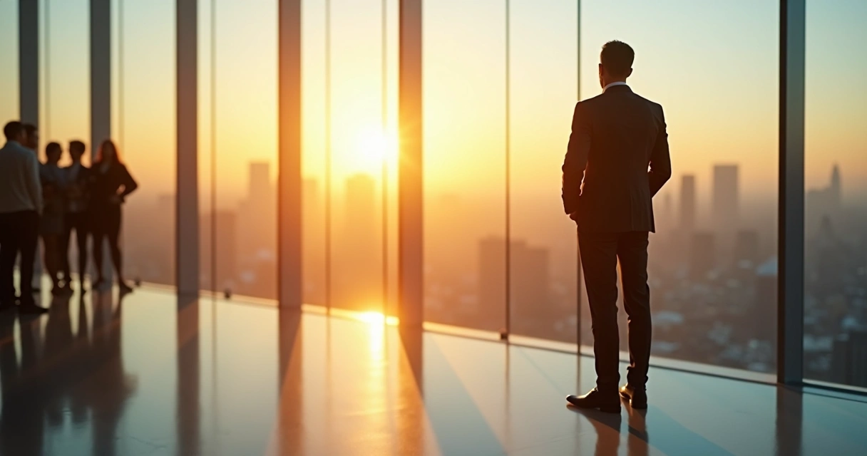Líder em silhueta olhando horizonte iluminado em ambiente corporativo moderno 