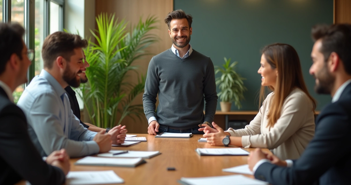 Líder dialogando de forma empática com equipe em sala iluminada