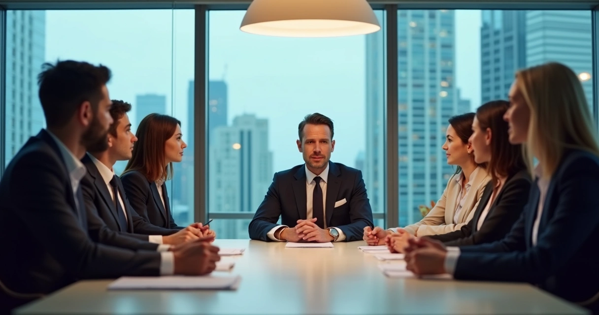 Líder reunido com equipe em ambiente corporativo, expressando atenção e empatia 