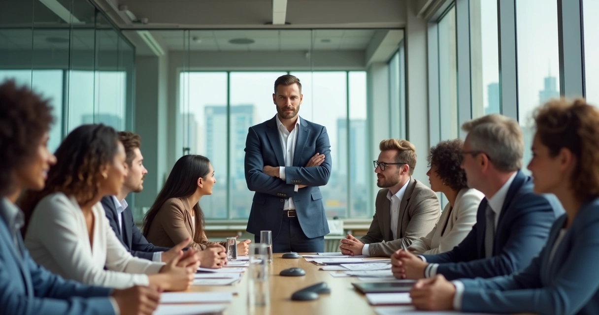 Líder em reunião ouvindo equipe 