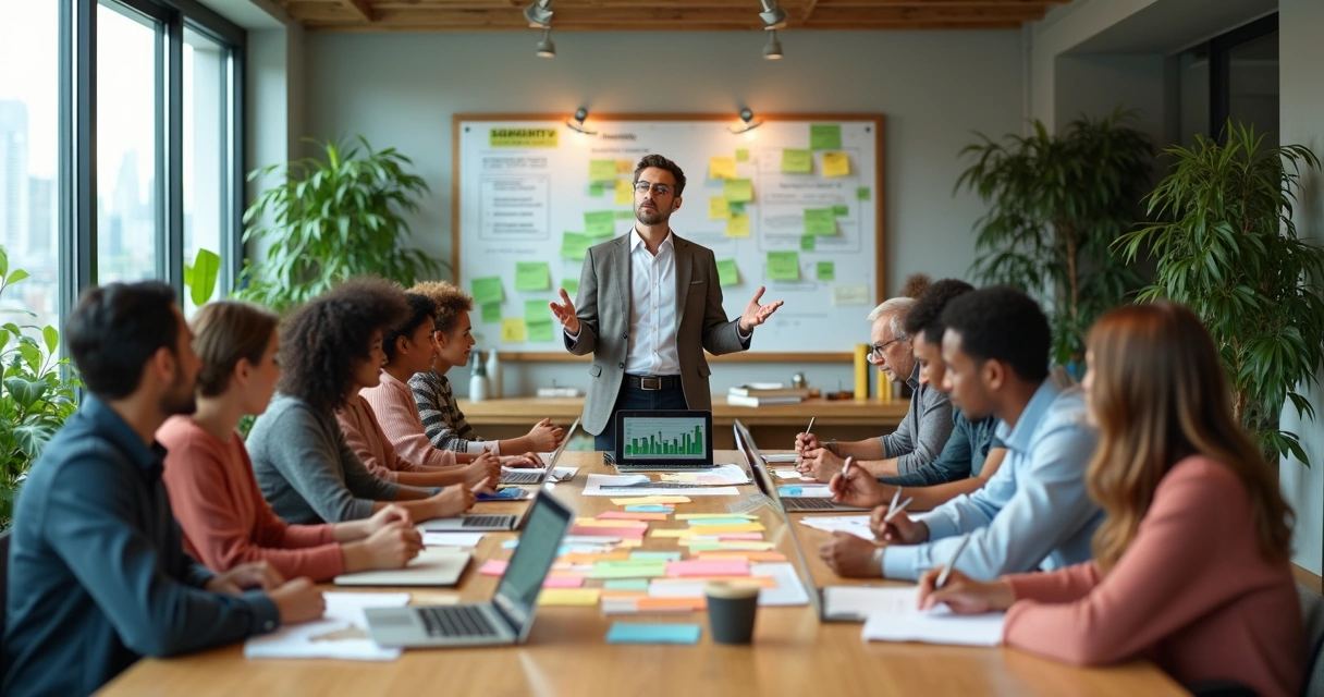 Líder orientando equipe diversa em reunião criativa em escritório moderno sustentável 