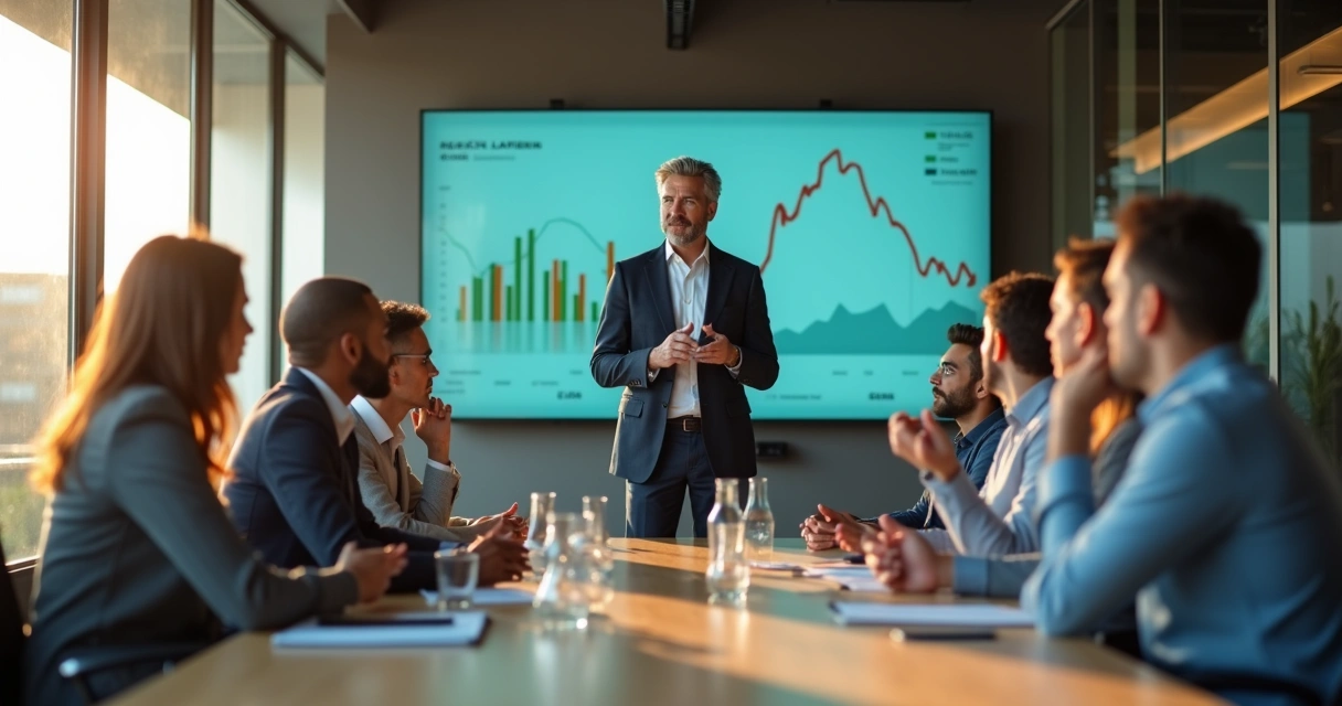 Líder em reunião com equipe em sala de vidro analisando gráficos e refletindo 