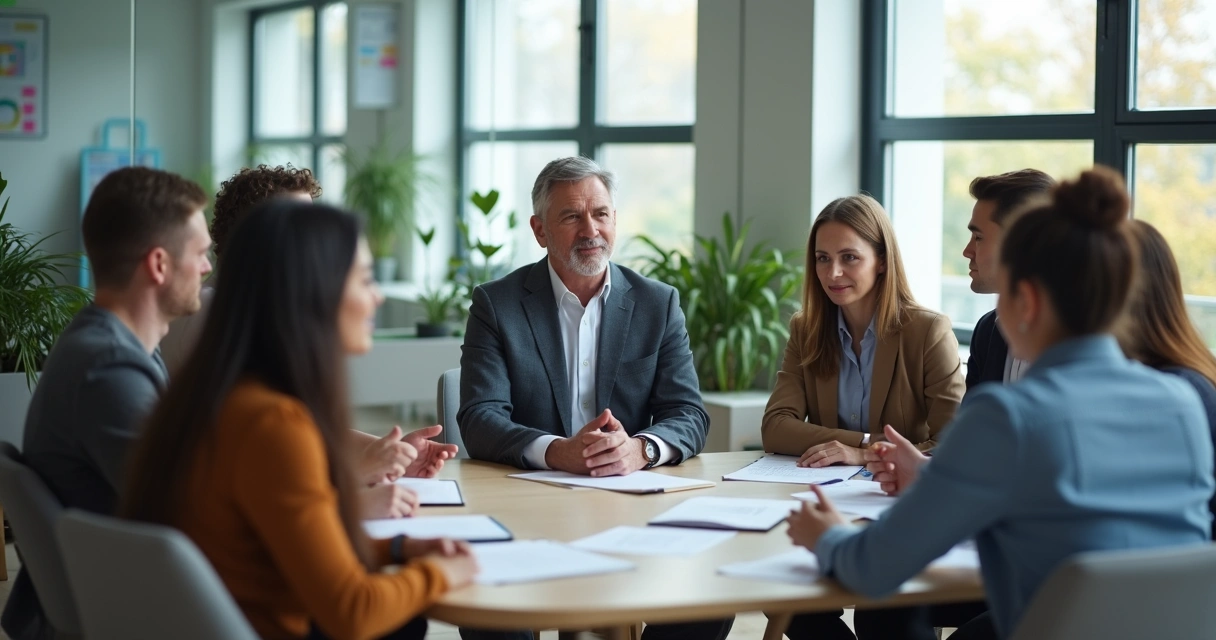 Líder em reunião com equipe em círculo em um escritório moderno 