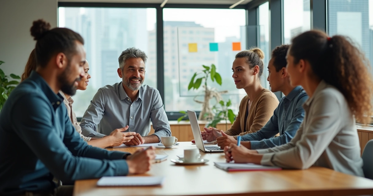 Líder em reunião com equipe em ambiente moderno e colaborativo 