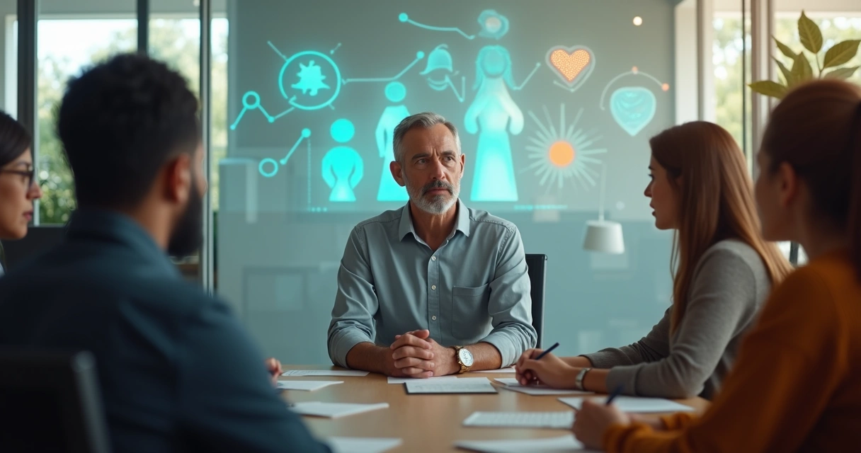 Líder consciente em reunião com equipe em ambiente leve e profissional 