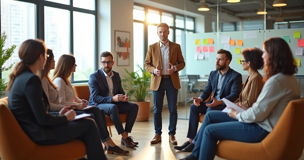 Líder facilitando conversa em círculo com equipe em sala moderna iluminada 