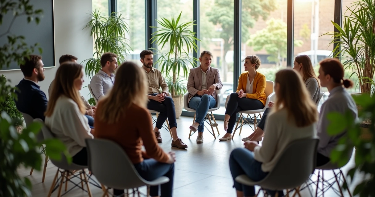 Persona dirigiendo equipo en una oficina moderna, todos sentados en círculo 