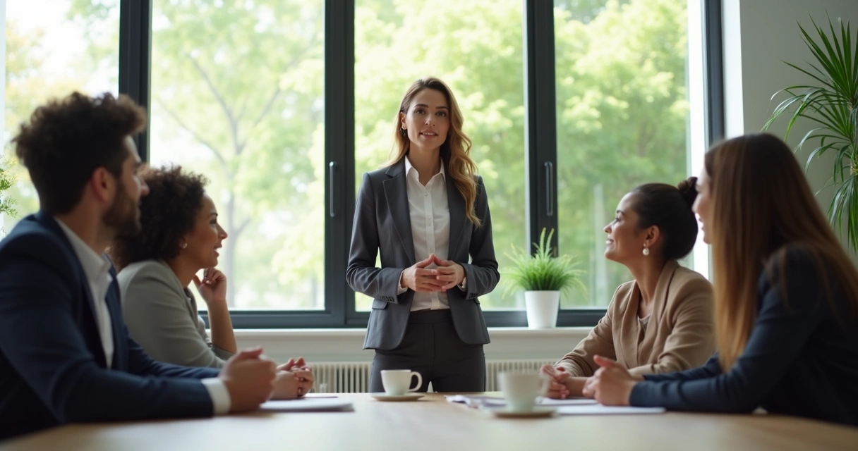 Mujer de pie frente a un equipo en una oficina, proyectando calma y atención, el resto la observa con interés.
