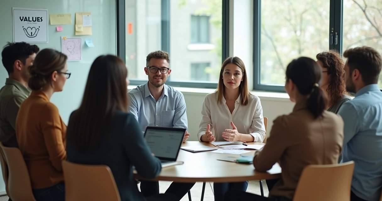 Líder facilitando una reunión consciente con su equipo en una sala moderna 