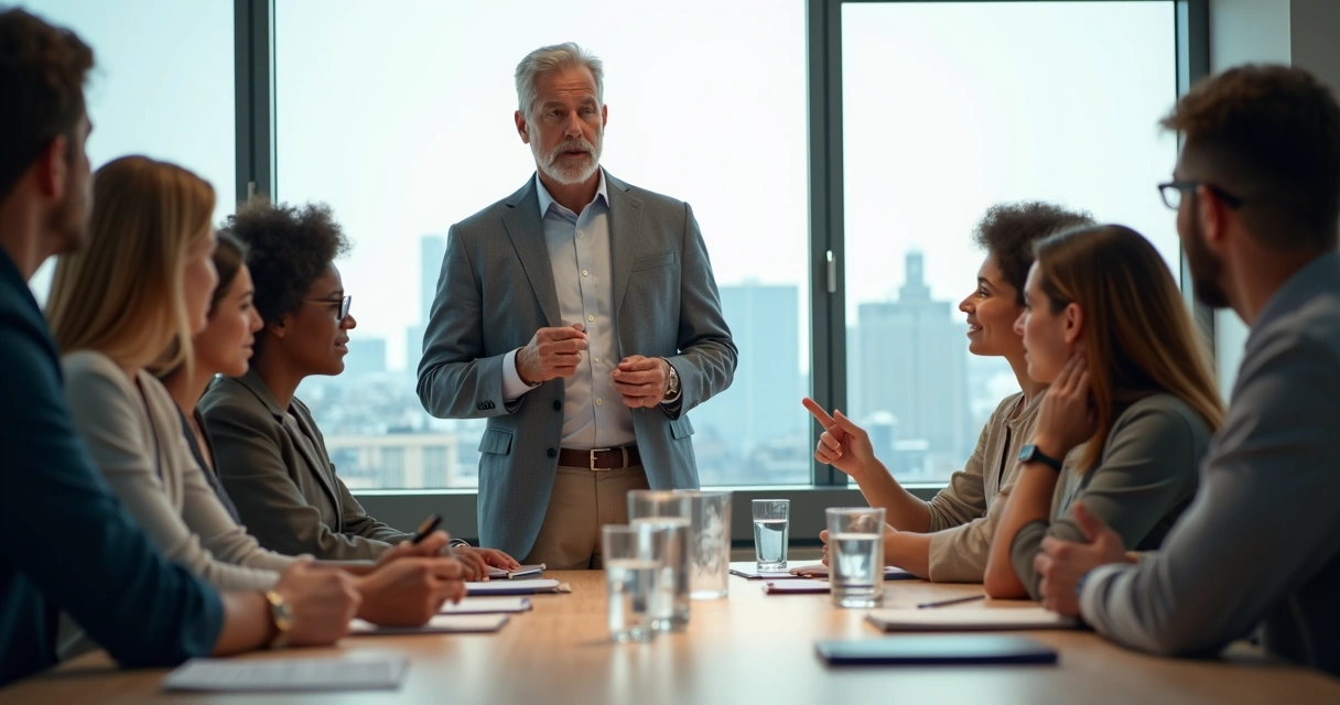 Líder sereno guiando a su equipo en una reunión colaborativa 