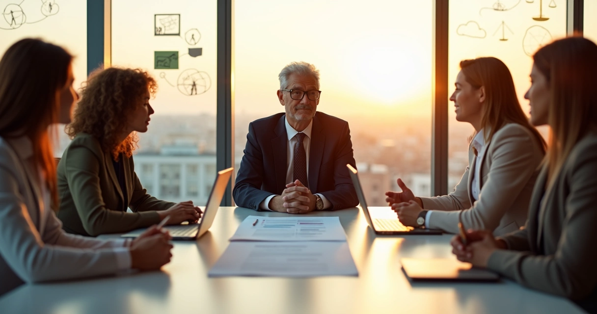Líder refletindo diante de equipe avaliando dilemas éticos 