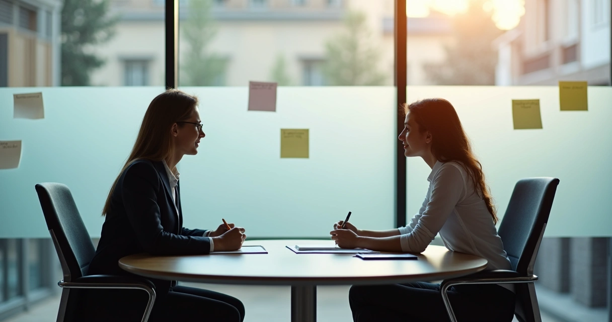 Líder sentado à mesa, conversando com colaborador em ambiente de escritório moderno 