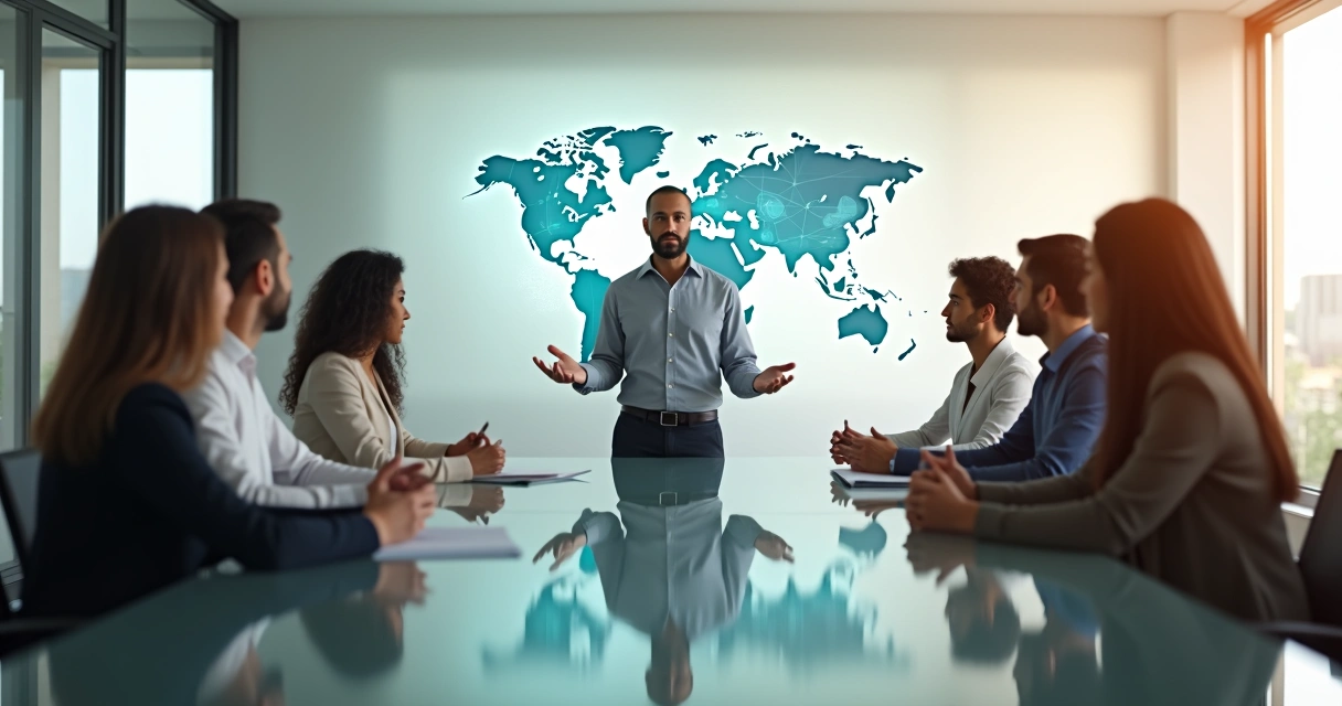 Líder consciente em reunião olhando horizonte digital do futuro 