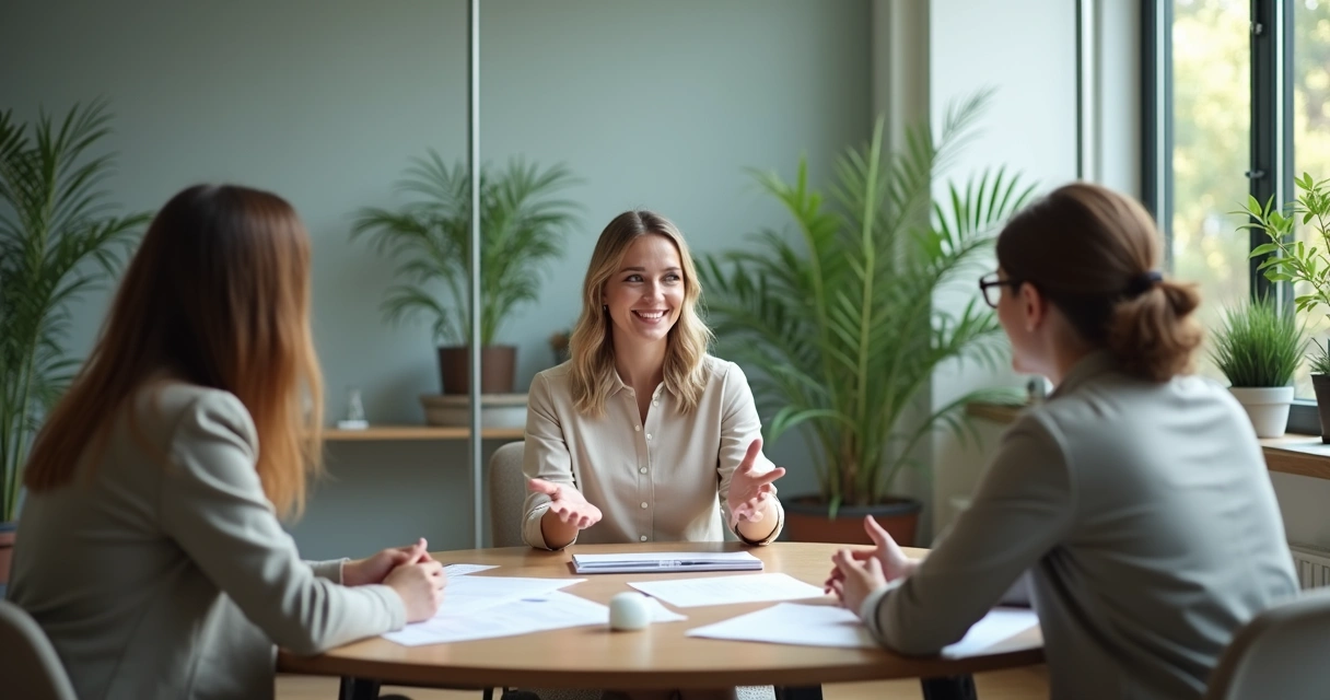 Líder hablando con su equipo en una oficina moderna