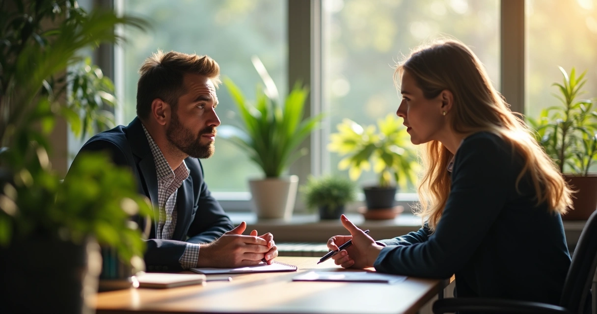 Persona orientando a otra de manera empática en oficina tranquila 