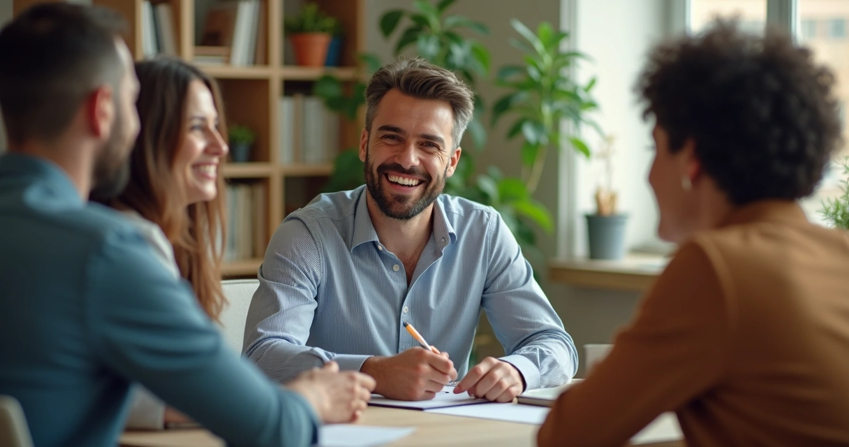 Líder ouvindo atentamente equipe em ambiente de trabalho