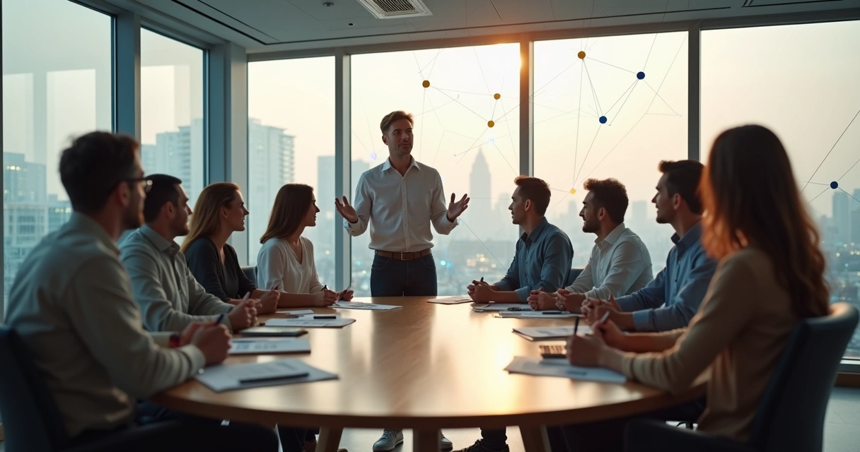 Líder em reunião guiando equipe em círculo com conexões sistêmicas ao fundo 