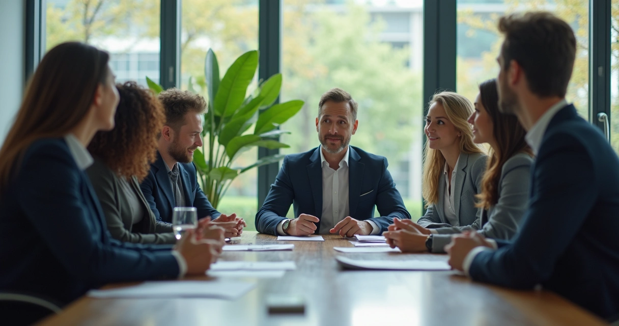 Líder escutando equipe durante uma reunião de trabalho 