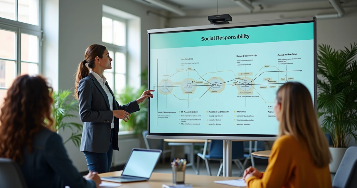 Líder explicando estratégias de responsabilidade social para equipe 