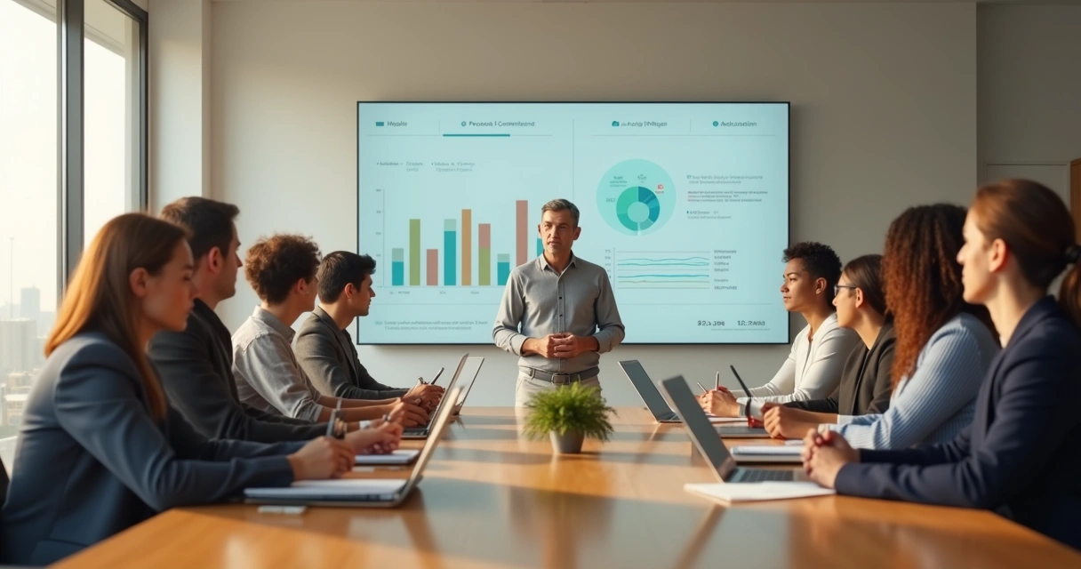 Líder em reunião com equipe diversa em sala moderna com luz natural 