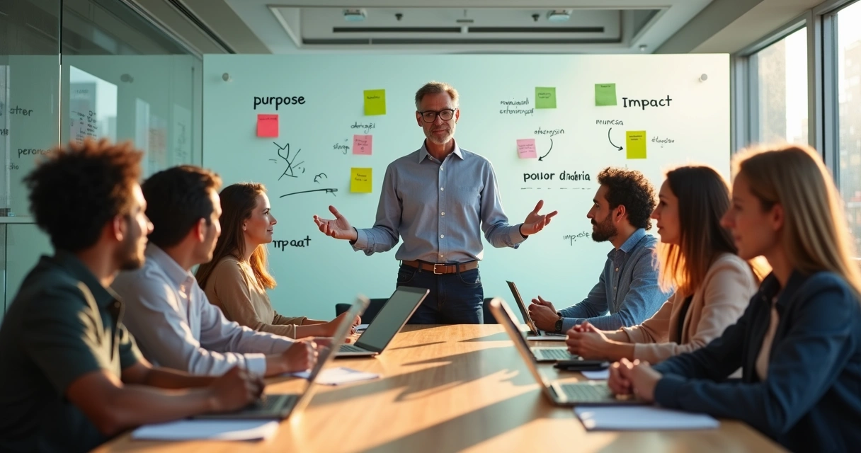 Líder consciente guiando a su equipo en una reunión colaborativa 