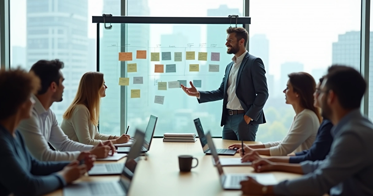 Líder orientando equipe em reunião colaborativa sem microgestão 
