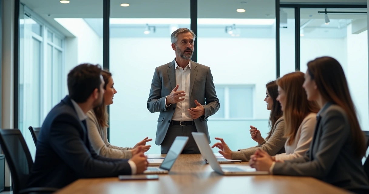 Líder profissional falando com equipe em ambiente corporativo
