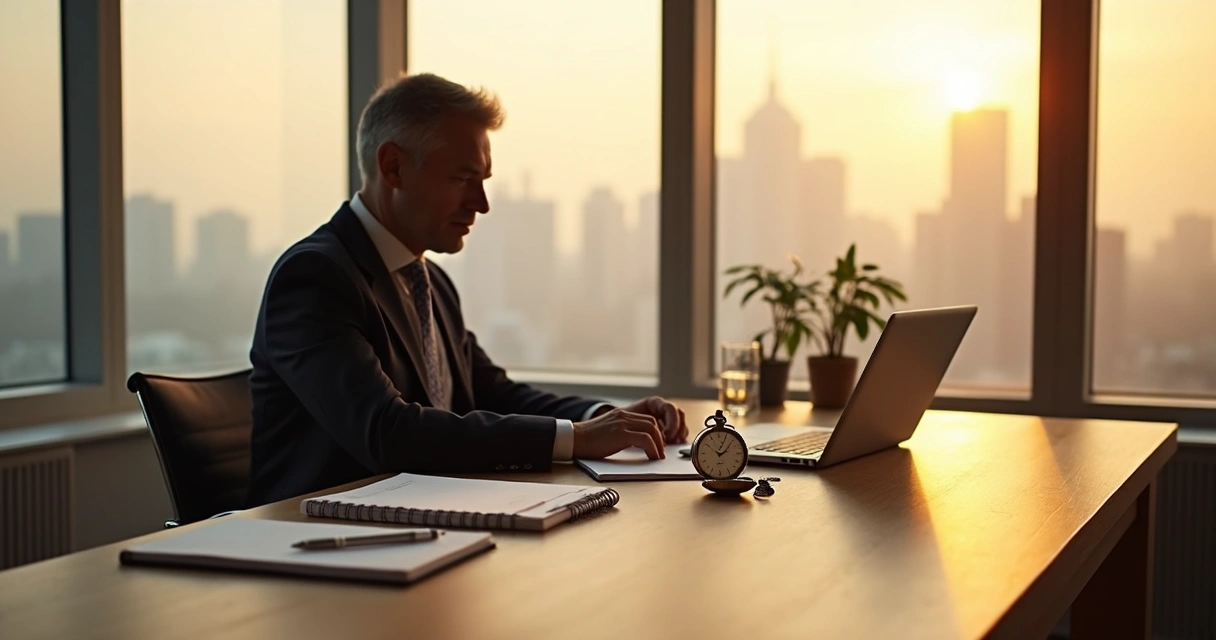 Líder consciente observando um relógio de bolso sobre a mesa de trabalho organizada 