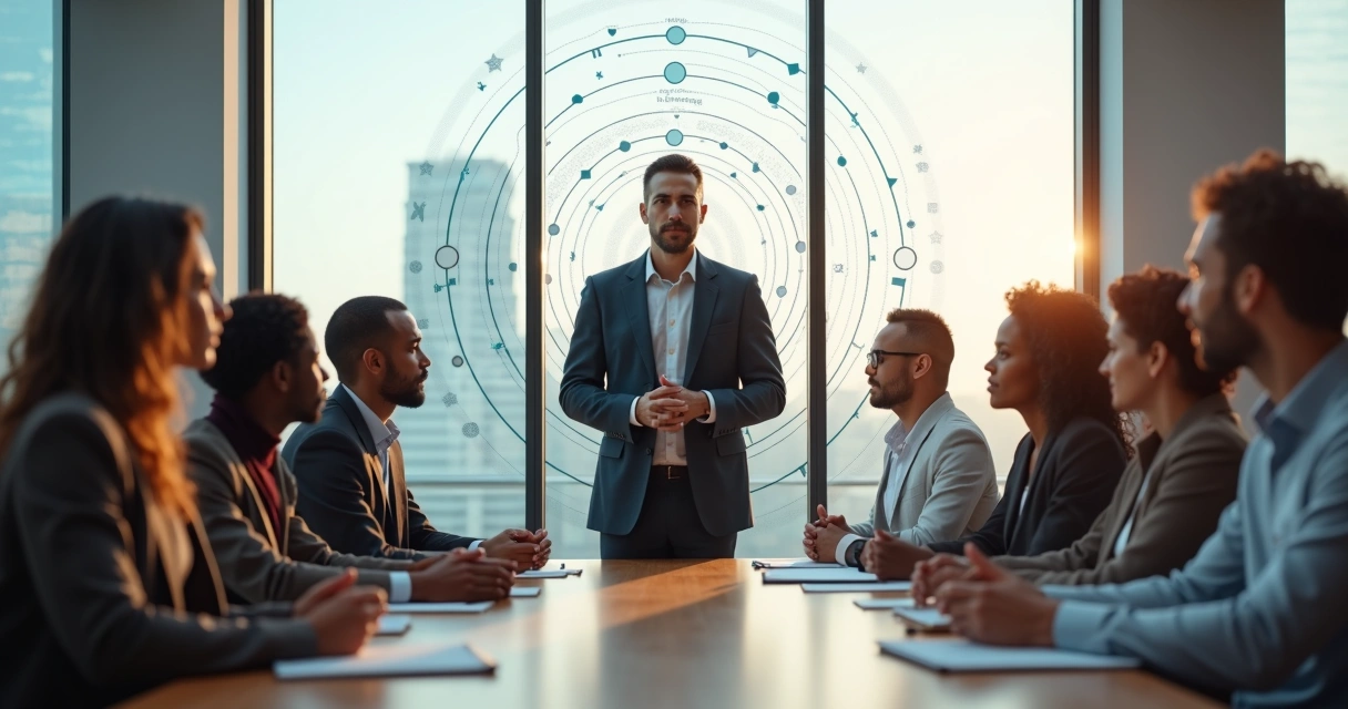 Líder em reunião guiando equipe em círculo com conexões sistêmicas ao fundo 