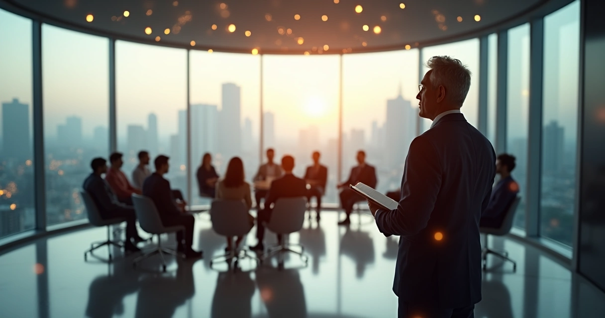 Líder observando un equipo conectado por líneas en un espacio de trabajo moderno 