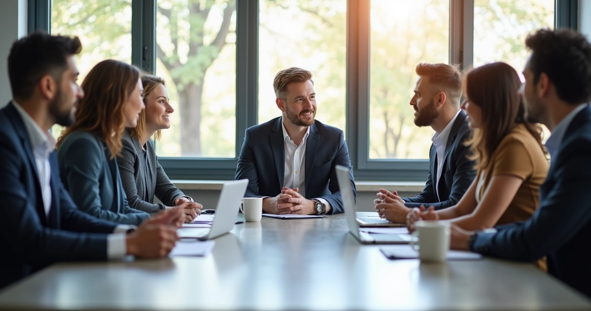 Líder em reunião, consultando equipe diversa antes de tomar decisão 
