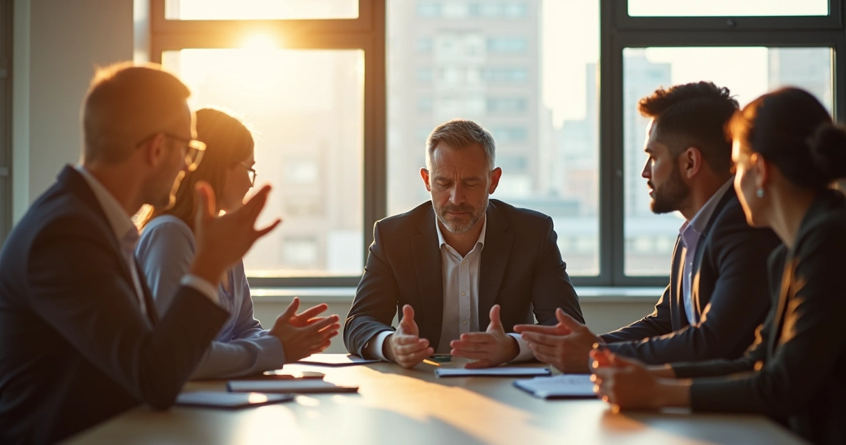 Líder respirando fundo durante discussão em reunião 