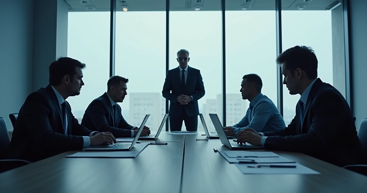 Líder en sala de reuniones observando de cerca a su equipo de trabajo 