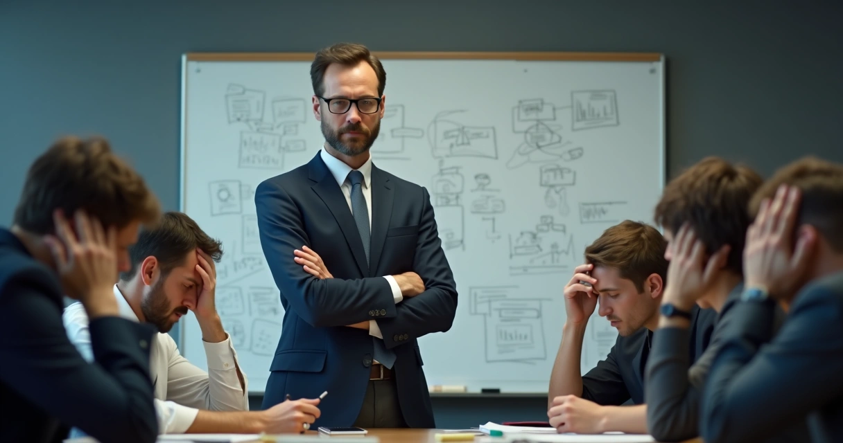 Líder no centro controlando equipe claramente cansada e estressada 