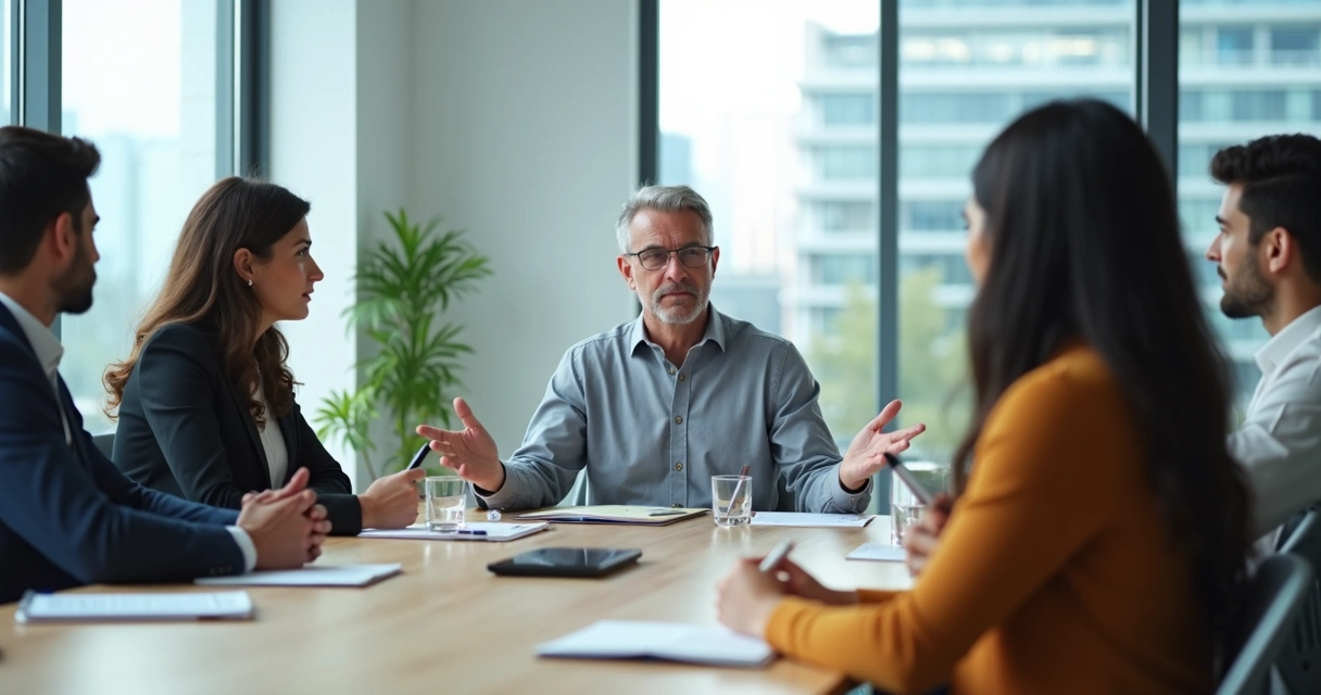 Líder iniciando conversa difícil com equipe em sala de reunião moderna 