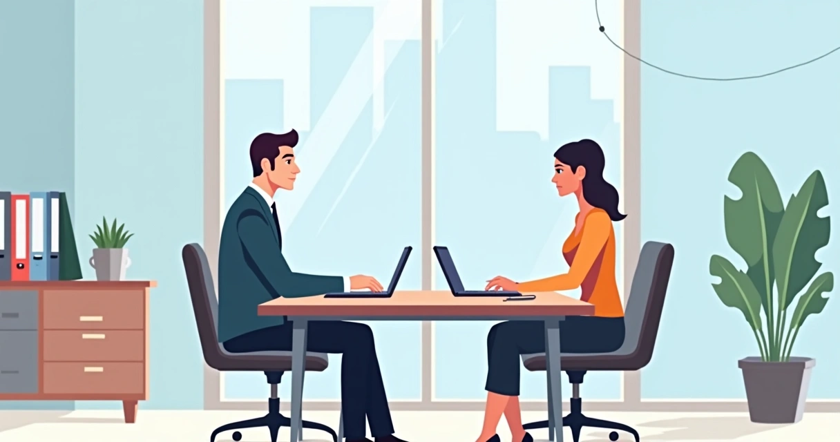 Líder sentado à mesa de reunião conversando olhando nos olhos de um colaborador, papéis e notebook sobre a mesa, ambiente corporativo claro e moderno 