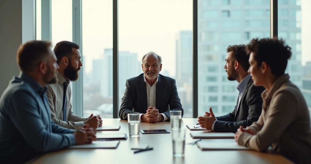 Líder escuchando a dos personas en una conversación difícil en sala de reuniones moderna 