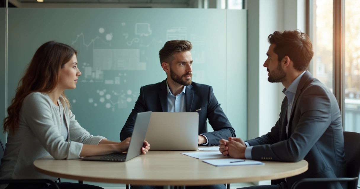 Líder conversando con dos personas en oficina 