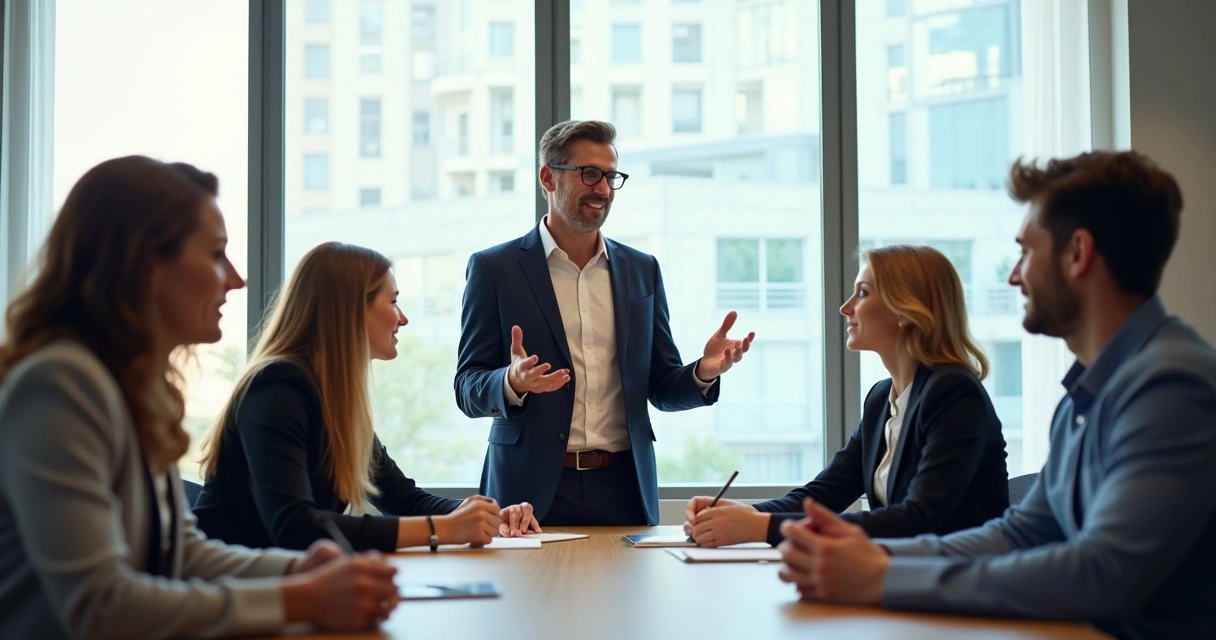 Líder conversando calmamente com equipe reunida, transmitindo tranquilidade 