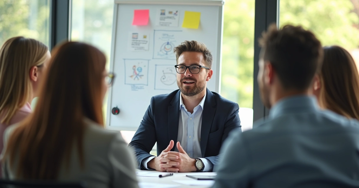 Líder conversando com equipe em mesa de reunião 