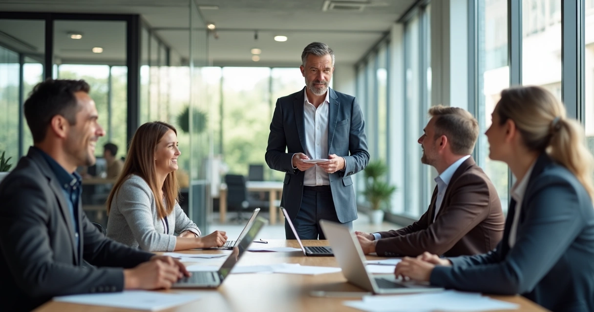 Líder conversando com equipe ao redor de mesa de reuniões 
