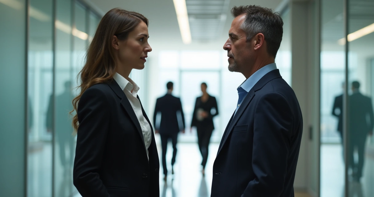 Líder hablando con un colega en un pasillo, ambos calmados 