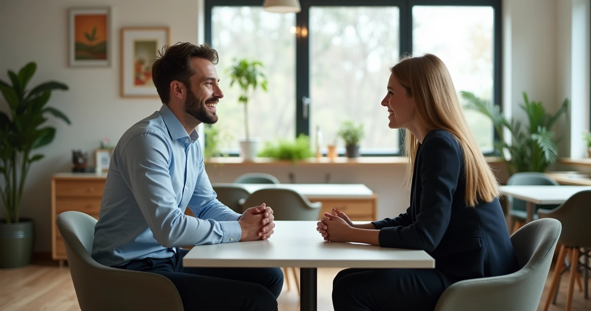 Gestor conversando com colaborador em ambiente de trabalho moderno, demonstrando empatia e reconhecimento pessoal 