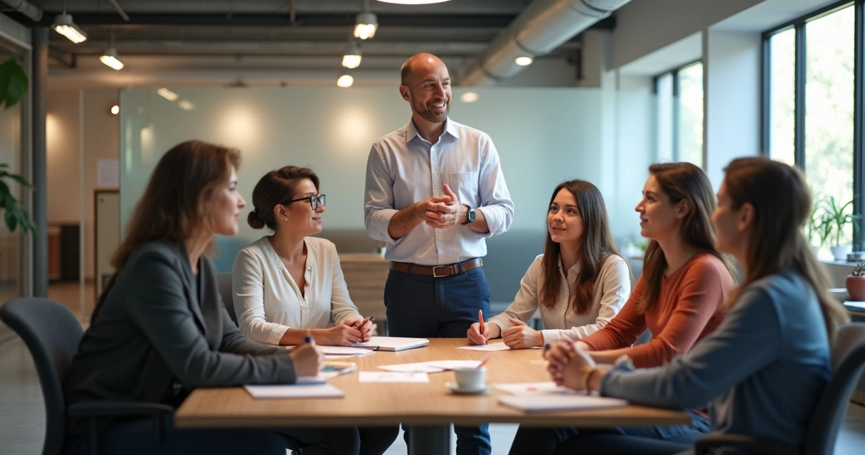 Líder conversando de frente para equipe em reunião informal