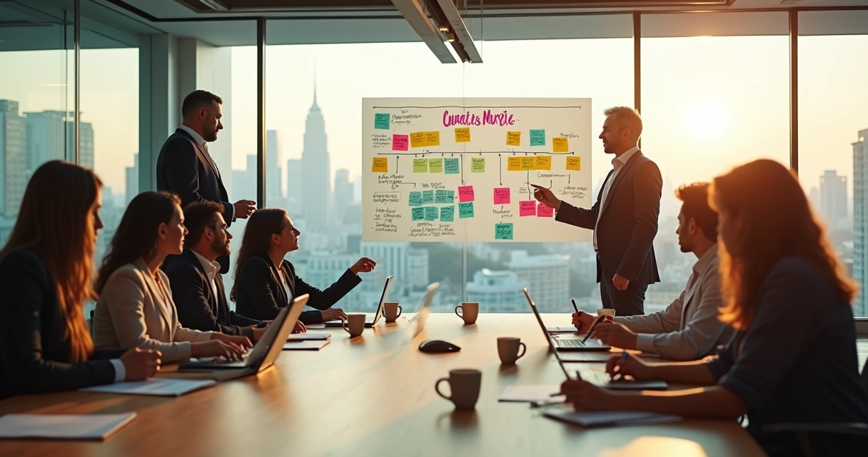 Líder em reunião guiando equipe em transição cultural 