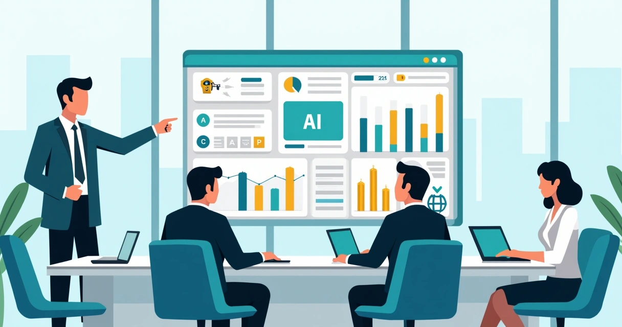 Líder de negócios analisando painel com ícones do Copilot e inteligência artificial 