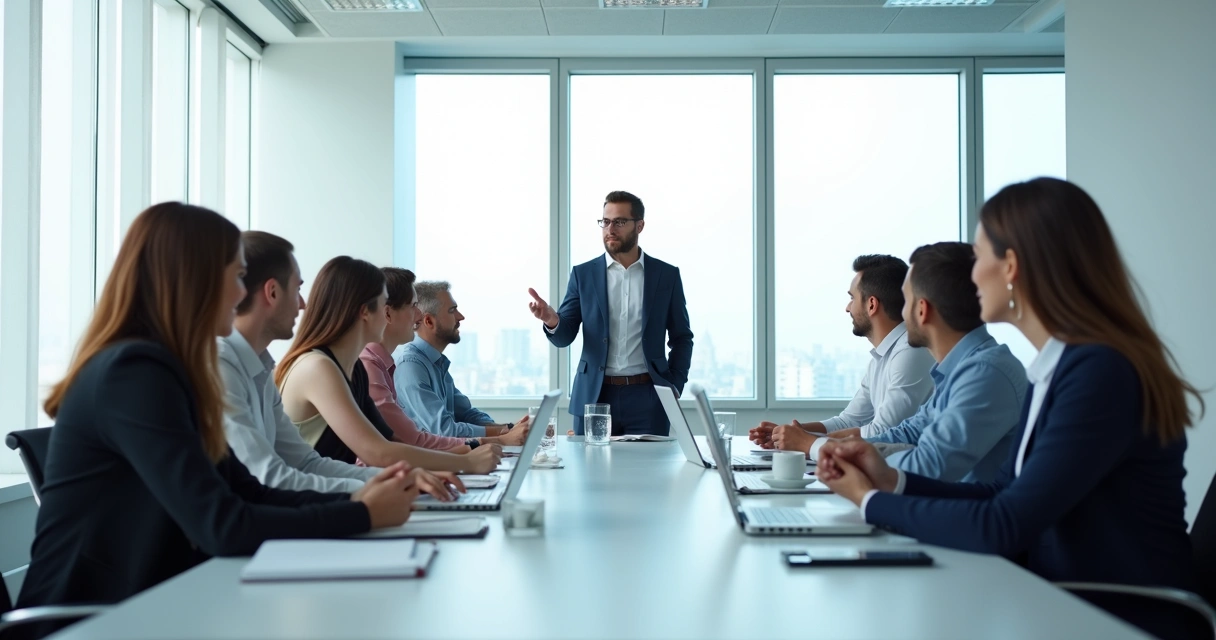 Líder gesticulando e equipe ouvindo atentamente 