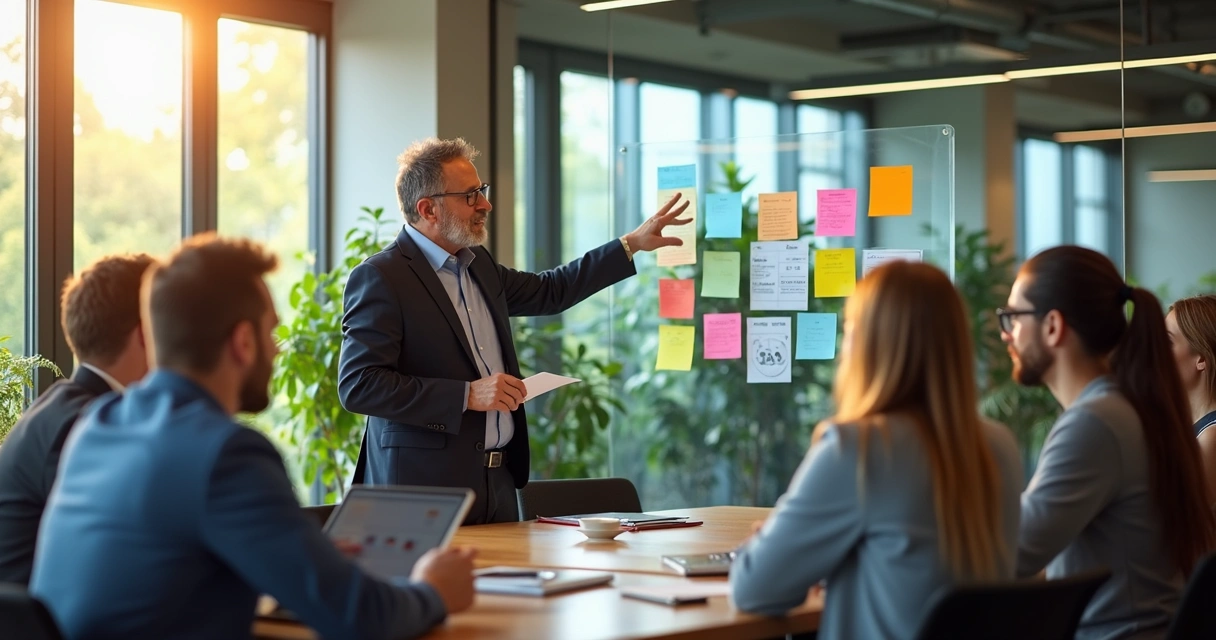 Líder corporativo reunido com equipe em sala moderna 