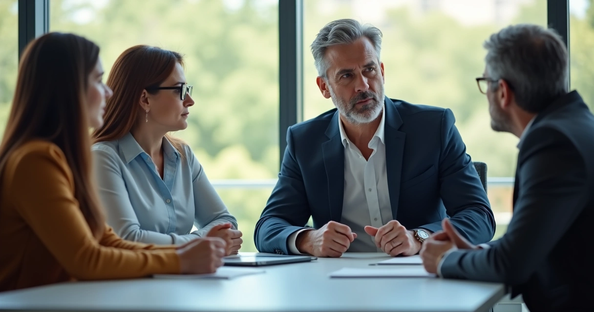 Gestor em sala de reunião conversando com equipe e ouvindo atentamente, cenário de escritório amplo com vidraças 