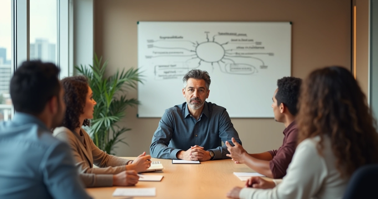 Líder em reunião ouvindo equipe enquanto reflete sobre padrões emocionais 